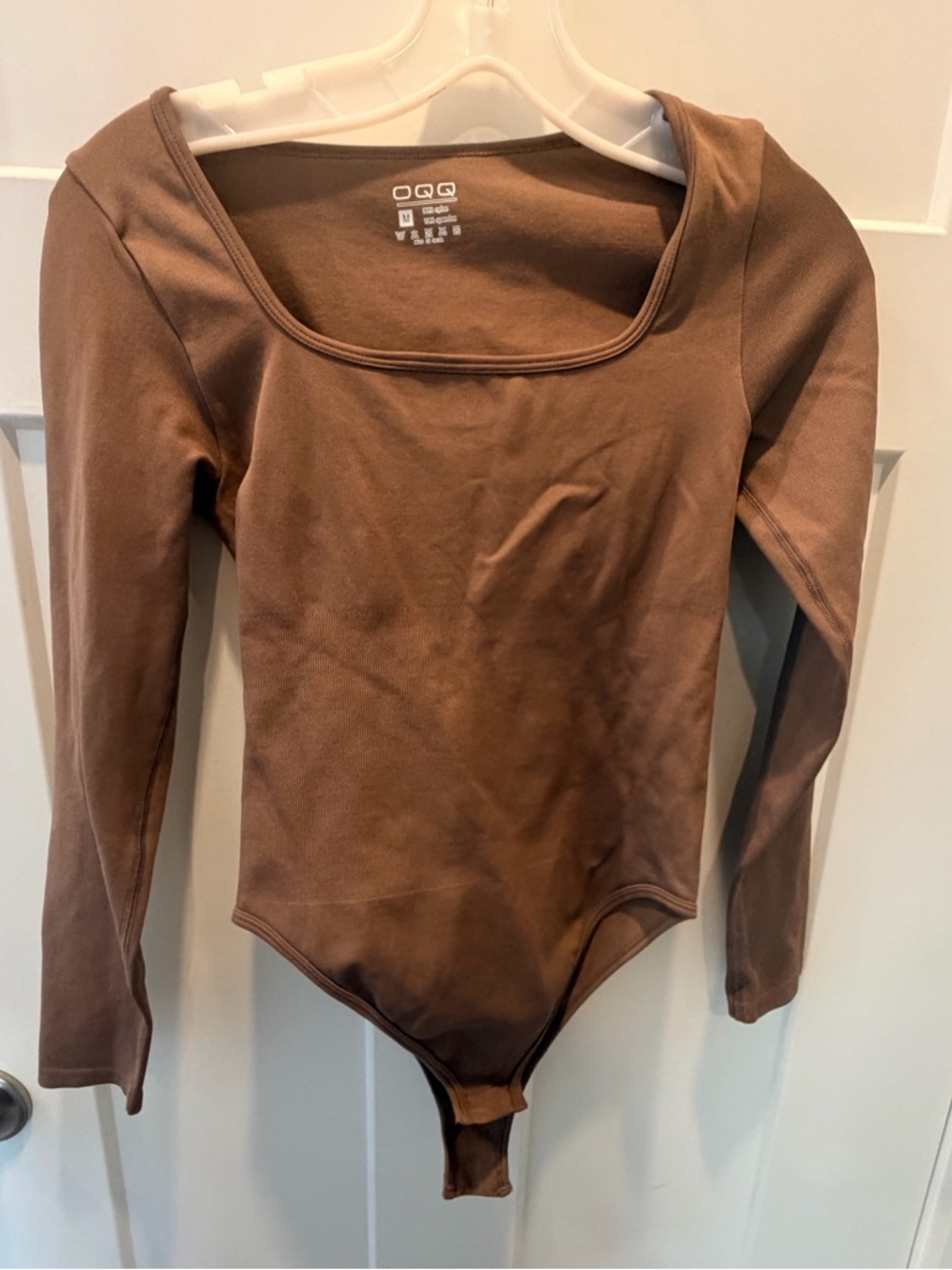 OQQ Brown Square Neck Bodysuit Long Sleeve Stretch Fitted Size Medium